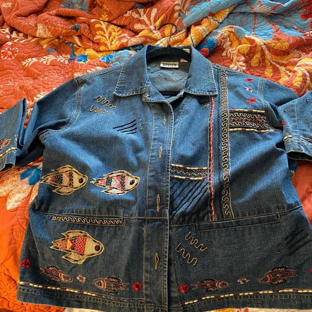 Chicos Embroidered Denim Jacket with Fish Design